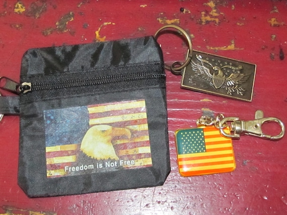 Keychain ID Holder Wallet - Wolf and US Flag - Leather Keychain ID Holder Wallet - Wolf and US Flag - Leather