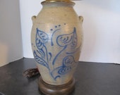Vintage Westmoore Pottery Salt Glazed Cobalt Blue Hearts Farmhouse Crock Electric Table Lamp Test Working with Shade