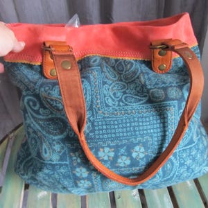 Vintage Lucky Brand Teal Paisley 100% Cotton tote Bag with Salmon Pink Suede Trim & Leather Straps