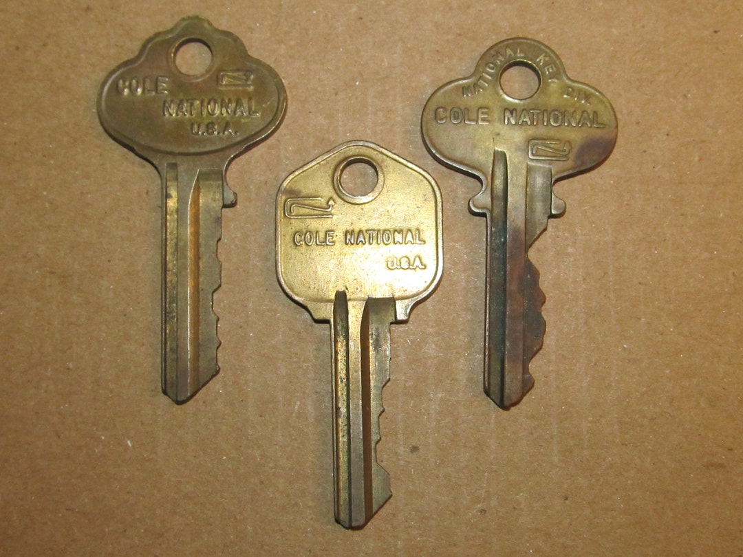3 Vintage Cole National Brass Keys / Cleveland Ohio / Dancing Mr Key Emblem / Embossed Dancing