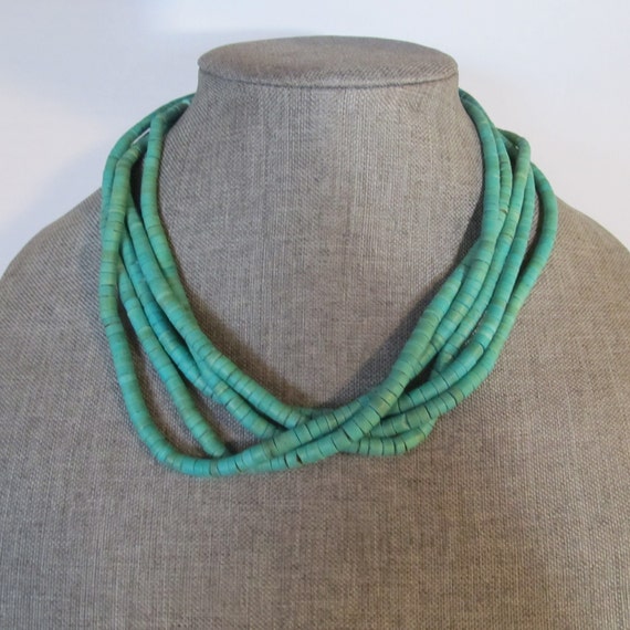 Vintage Teal Multi Strand Wooden Beaded Necklace … - image 1