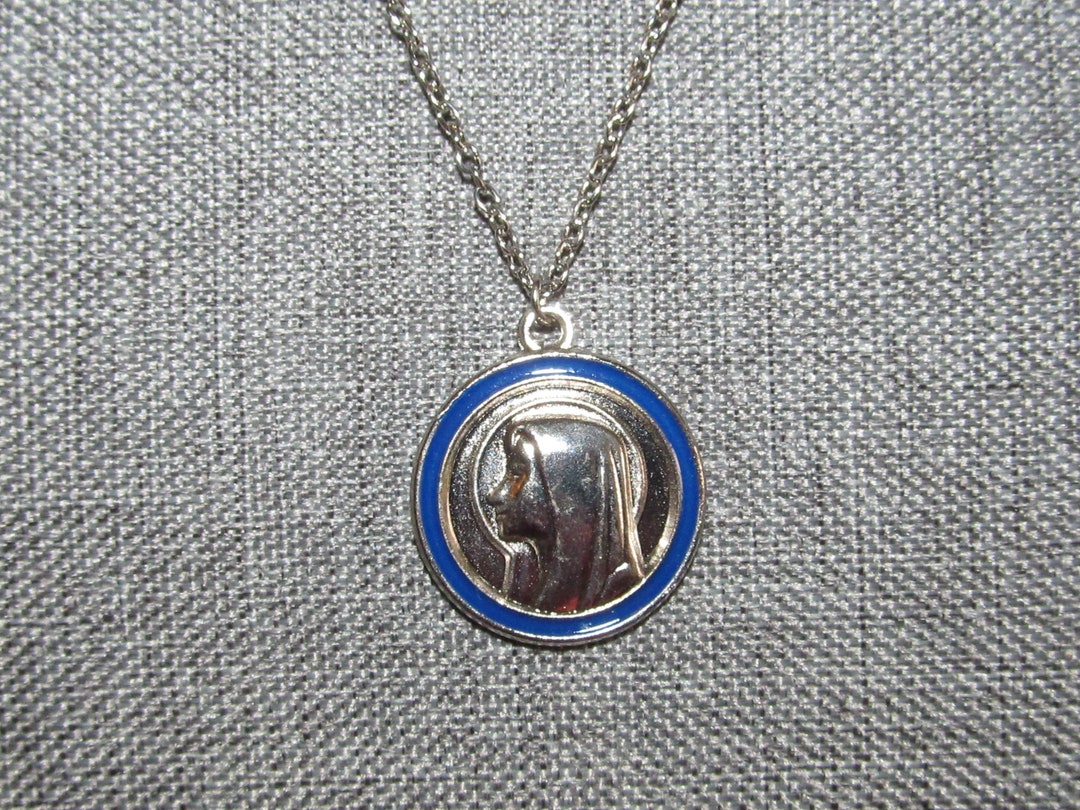 Vintage Our Lady of Lourdes Blue Enamel Medal Pendant on 20" Silvertone ...