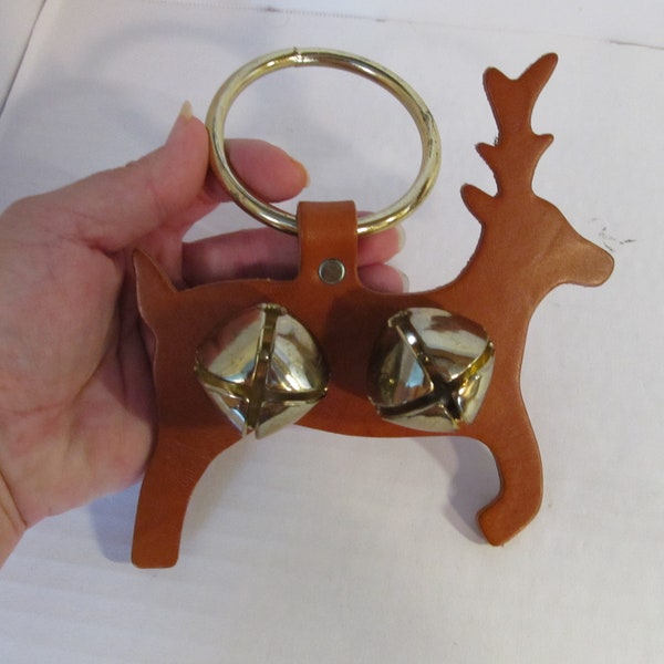 Vintage Genuine Leather Reindeer Jingle Bells Christmas Door Hanger / Brass Ring 5 3/4" Wide Christmas Decoration