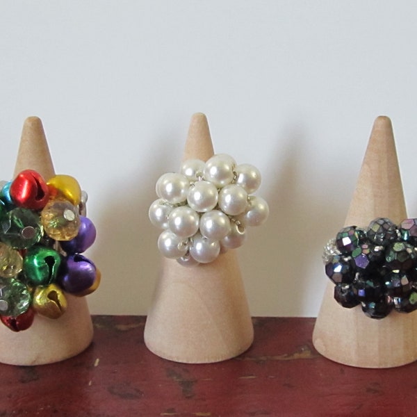 Choice Vintage Costume Cocktail Stretch Band Rings  ~Multicolor Jingle Bell Ring / Faux Pearl Ring / Iridescent Blue Beaded Ring