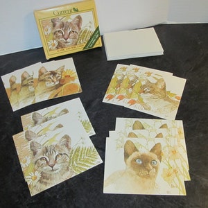 May include: A set of classic cat note cards featuring various breeds of cats in different poses. The cards are printed on white cardstock with a subtle floral design. The box is yellow with the word "Current" printed in green.
