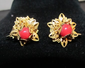 Rare Vintage Signed Miriam Haskell Gold Gilt Filigree Faux Red Coral Hinge Clip On Earrings Glass Jewelry 1940's