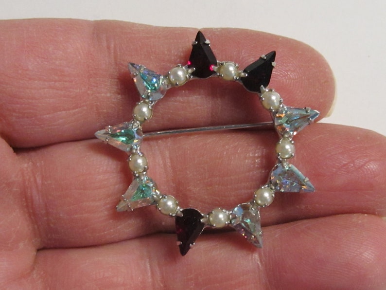 Vintage Signed B David Jewelry Prong Set Aurora Borealis Ruby Red Rhinestones Faux Pearl Brooch with Matching Clip On Earrings Silver Tone
