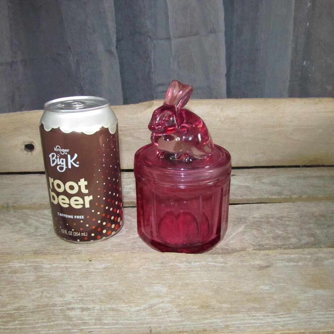 Vintage Dark Pink Rabbit Bunny Covered Lidded Glass Jar / Cotton Ball ...