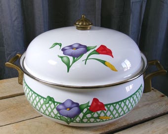 Vintage Regency Club Enamel Covered Dutch Oven Pot Pan with Brass Handles  Tulip Floral Design