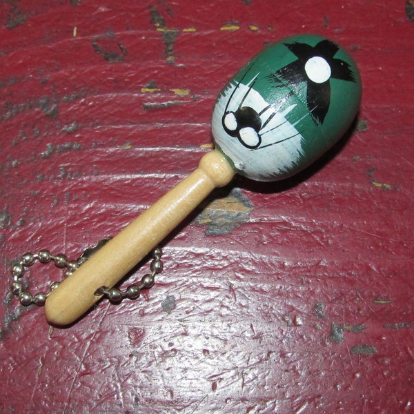 Vintage Miniature Hand Painted Wood Maracas Keyring Keychain 3" Long Green Black & White Floral Maraca