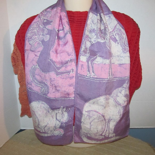 Vintage Purple / Pink Long Scarf Featuring Cat / Kitten - Horse - Unicorn - Parrot - Squirrel  by Missy - 8" x 24"