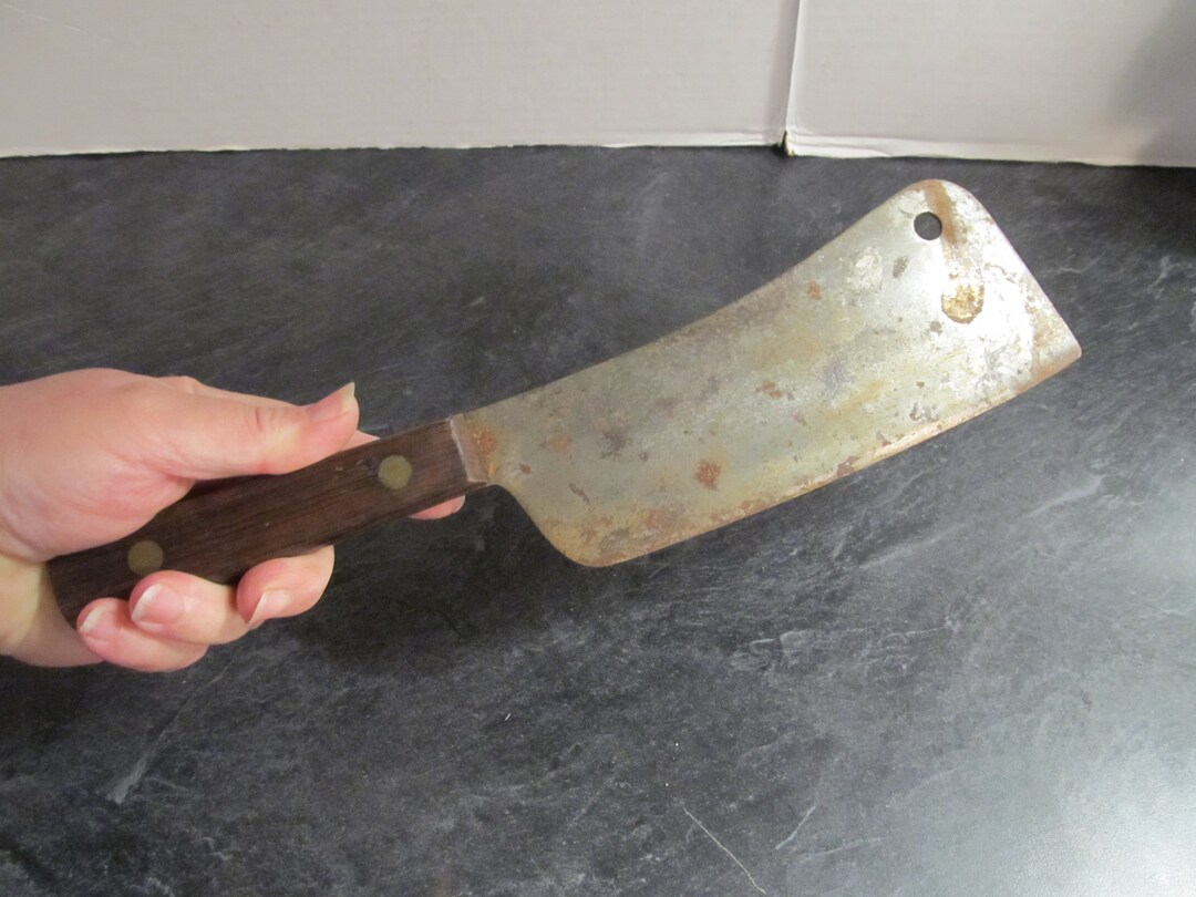 Vintage Butcher Meat Cleaver Knife 7 Blade Full Tang Wood Handle