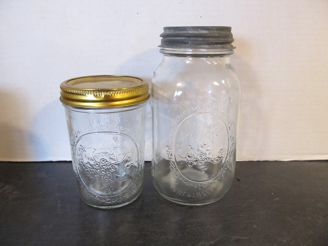 2 Genuine Ball Sculptured Glass Mason Jars Embossed Fruit 62A Mason Jar