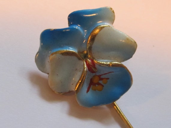 Vintage Hand Painted Blue & Gold Pansy Flower Sti… - image 3