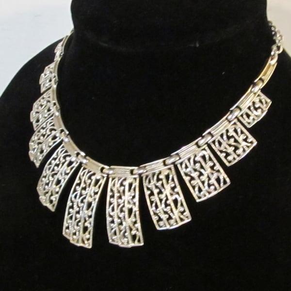 Vintage Signed Sarah Coventry Couture Silver Filigree Panels Egyptian Revival Bib Choker Necklace Adjustable  12-17" Length