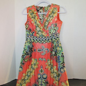 Vintage 1960&#39;s - 70&#39; s  Silky Orange / Salmon Green Blue Geometric Mosaic Pattern Tiki Maxi Hostess Dress Gown Size X