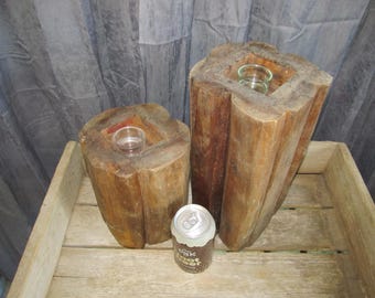 Vintage Natural Wood Tealight / Votive Table Centerpiece Pillar Candle Holders - Chunky Statement Decor