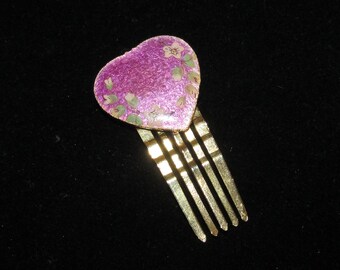 Vintage Enamel Purple Heart Hair Comb- Gold Metal Hair Pin / Hair Clip - Purple Violet Floral Hair Barrette