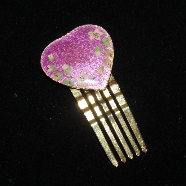 Vintage Enamel Purple Heart Hair Comb- Gold Metal Hair Pin / Hair Clip - Purple Violet Floral Hair Barrette