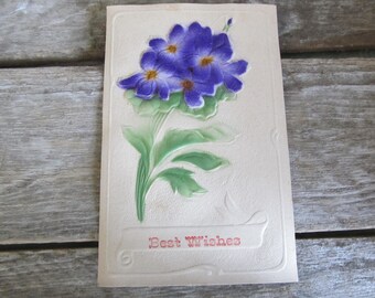 Vintage Unused Postcard Velvet Flocked Embossed Purple Pansy "Best Wishes" Made in Germany