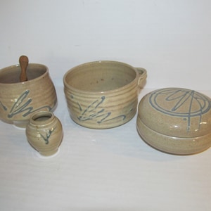 Vintage Hand Signed &quot;Russell&quot; Hand Thrown Art Studio Glazed Embossed Pottery Collection /Miniature Vase/ Covered Jar /Condiment & Soup Bowl