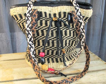 Vintage Patricia Nash Maya Woven Straw Tote / Shoulder Bag Purse Black & White w/ Braided Leather Handles