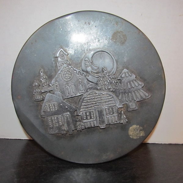 Vintage 1977 Metzke Pewter Top Snow Village 7 3/4" Round Tin Can  Cookie Storage Sewing Tin Button Can