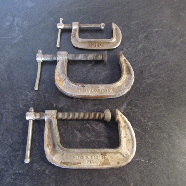 3 Vintage C Clamps  Iron Made in USA  / Lot of 3 Clamps Steel Clamps Screw Clamps /1430 - 3" USA / Brink & Cotton Pearlitic No 143 / SHC 122