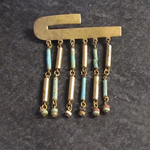 Vintage Handcrafted Brass Gold & Turquoise Beaded Dangle Statement Brooch Artisan Brooch