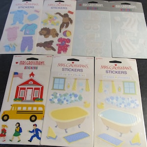 Vintage Mrs Grossman Stickers Pack / Choice ~Bubble Bath/ School / Paper Whispers Baby Carriage & Gown / Fabric Baby Clothes Stuffed Animals