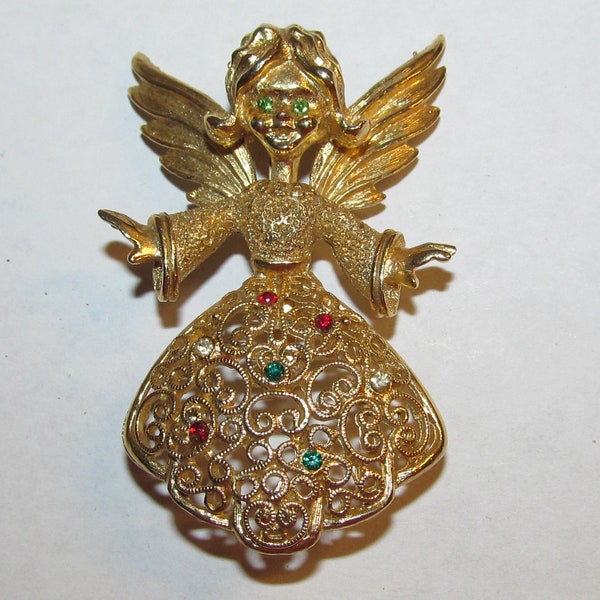 Vintage Signed Tancer II Christmas Angel Golden Filigree Dress Green Red Rhinestone Accents Green Eyed Angel Brooch