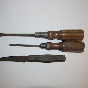 3 Vintage Wood Handled Tools / 9&quot; Long Wood Handled Flat Head Screwdriver/ 7 1/2&quot; USA Flat Head & 6 1/2&quot; Wood Handled Whittling Knife