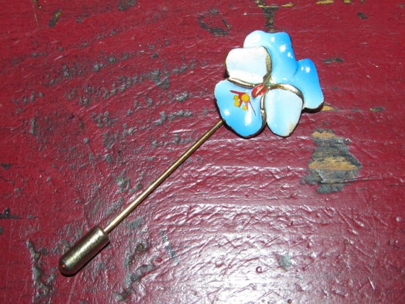 Vintage Hand Painted Blue & Gold Pansy Flower Sti… - image 1