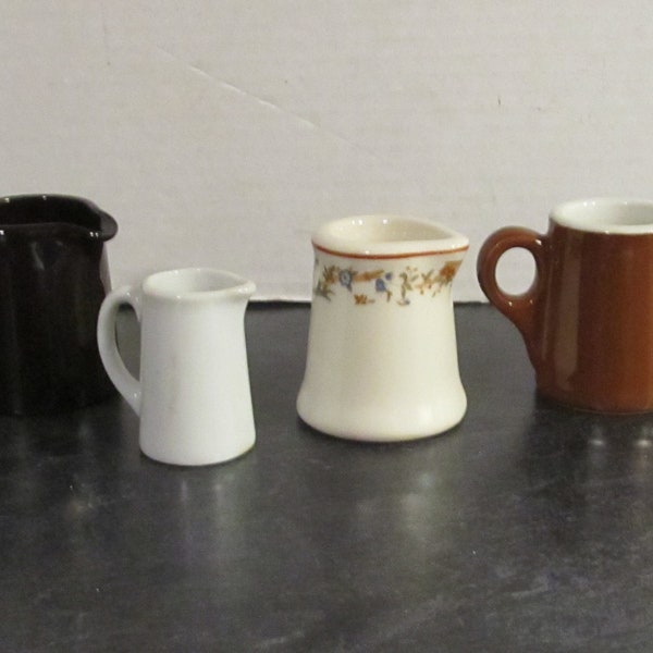 Choice of 4 Vintage Individual Cream Syrup Pitchers / Hall USA Brown #377/ White Floral No Handle / Brown Glazed England/ Plain White