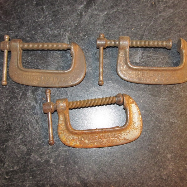 Vintage C Clamps Unbreakable Malleable Iron Made in USA  / Lot of 3 Clamps Steel Clamps Screw Clamps