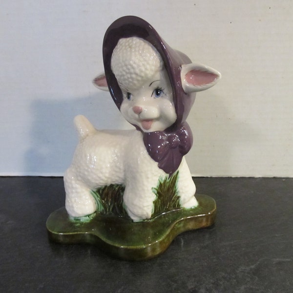 Vintage 1970 Hand Painted Ceramic Lamb / Fluffy White Sheep Lamb wearing Purple Bonnet Kitsch Figurine /Baby Shower Centerpiece