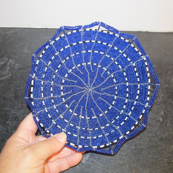 Vintage Woven Cobalt Blue Seed Micro Glass Beaded Basket Bowl Handcrafted Wire Basket African  8" Round