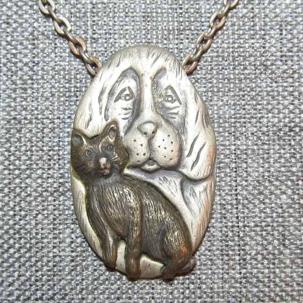 Vintage Signed JJ Jonette Jewelry Silver Pewter Dog with Bronze Cat Pendant Necklace