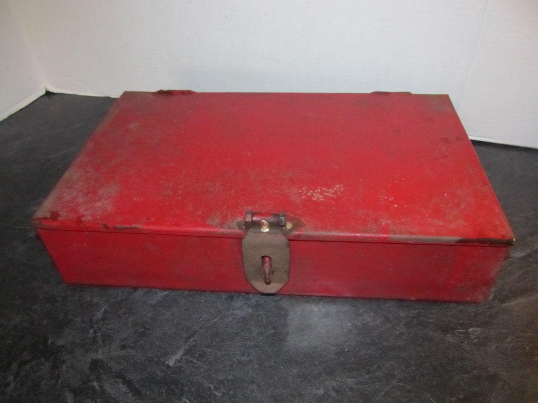 Vintage Hand Crafted Steel Parts Tool Box / Hinged Lid / Painted Chippy