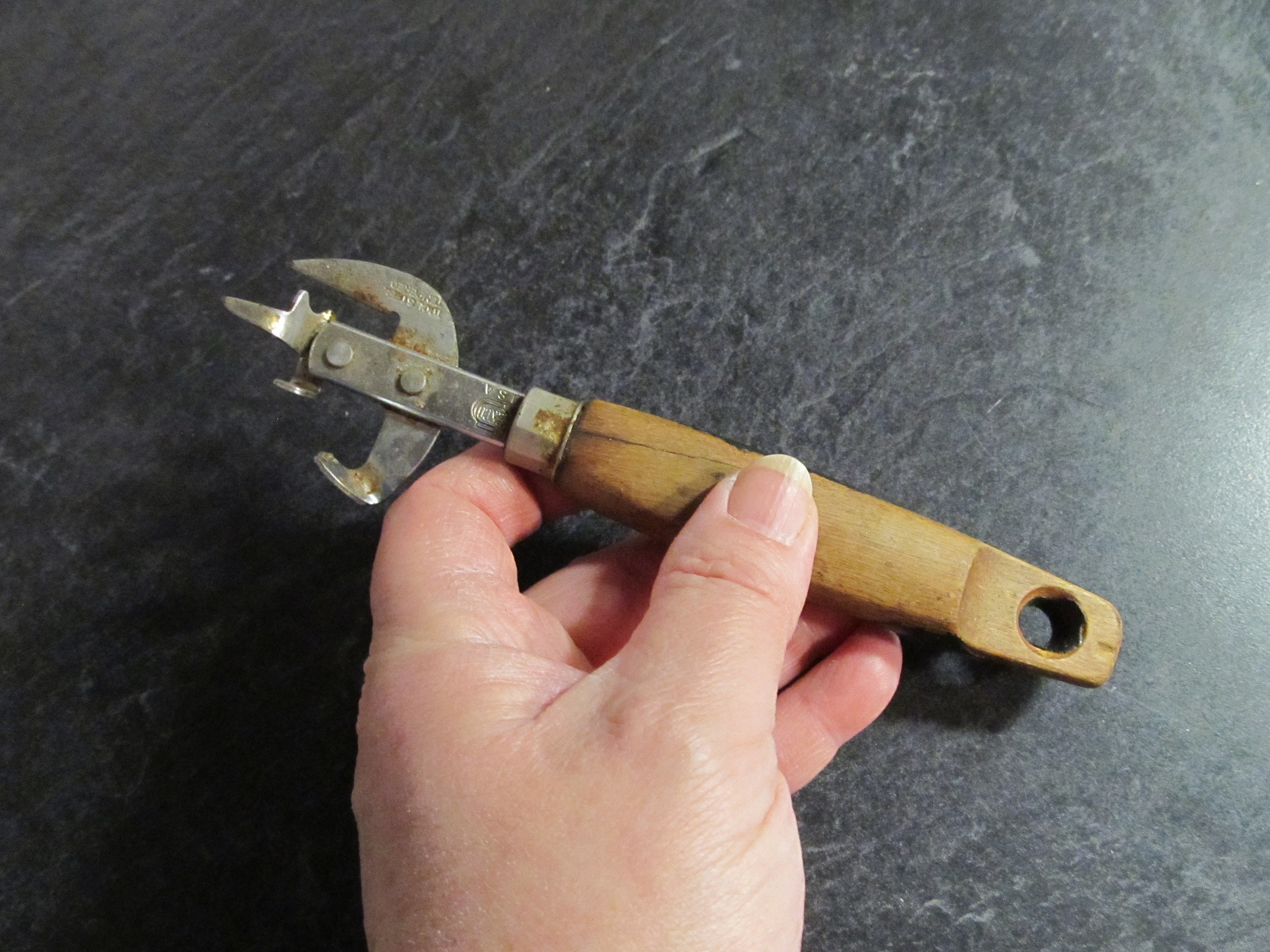 Vintage French Wood & Metal Can Opener-bottle Opener-old Kitchen Tool 