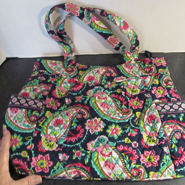 Vera Bradley Black Petal Paisley Large Tote / Craft Storage / Quilted Handbag Shoulder Bag / Tote Bag / Shopping Market Bag Reusable