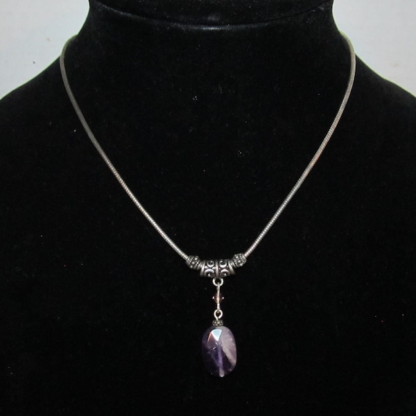 Vintage Signed Avon NR Nina Ricci Amethyst Purple Stone Pendant Pewter Patina Adjustable Necklace 16"-18" Length