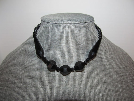 Vintage Jet Black Glass  Beaded Choker Necklace /… - image 1