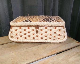 Vintage Retro 1970's Singer Sewing Box / Basket Brown & Yellow Pin Cushion Top Woven Wicker