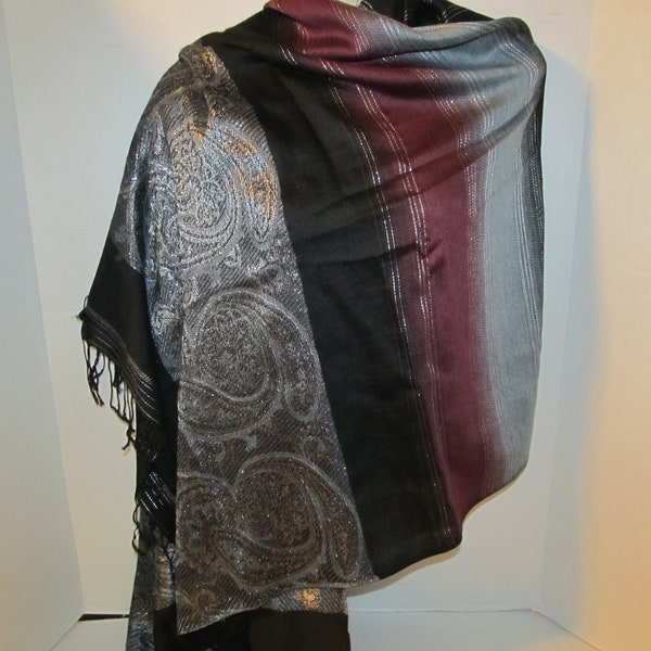 Vintage Black Scarlet Silver & Gray Paisley Fringed Wrap Scarf Shawl Sarong  / 28x64"  / Beach Cover Up