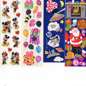 Vintage 80&#39;s 90&#39;s Sandylion Stickers Strips / 6x2&quot; / Fuzzy Blues Clues/ Mickey Minnie Mouse/ Birthday Gifts/ High in the Sky/ Santa/ Hearts
