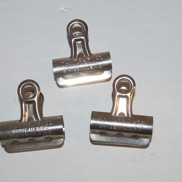 3 Vintage Hunt Clip No 1 Bulldog Bull Dog Clips / Hunt Mfg Co / Statesville NC Set / Camden NJ  / 1 1/4" Wide Bulldog Clips