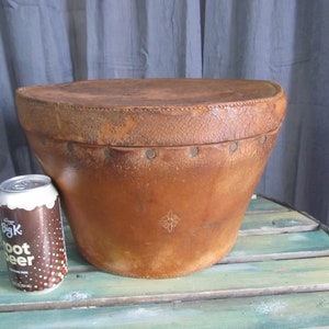 Early Antique Red Velvet Lined Leather Hatbox Hat Box -Embossed Floral Emblem * missing handle *
