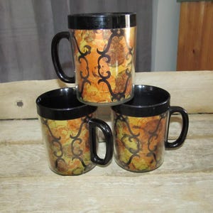 3 Vintage 1960s Thermo Serve Cups Insulated Gold & Black Swirl Cups Mugs