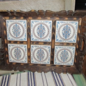 Vintage Hand Carved Wood Mexican Serving Tray with 6 Six Blue White & Brown Inlay Ceramic Tiles - Large Double Handled Serving Tea Tray